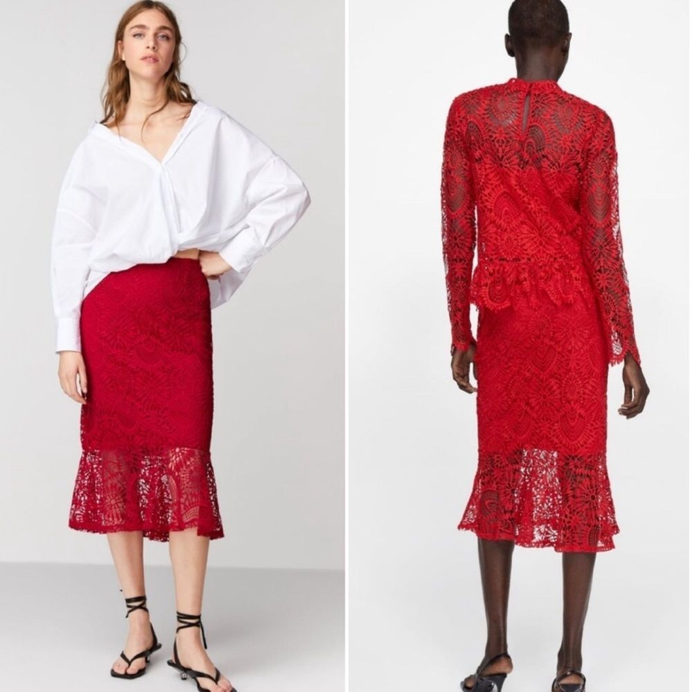Zara Red Lace Trumpet Midi Skirt Size Medium - Picture 3 of 10